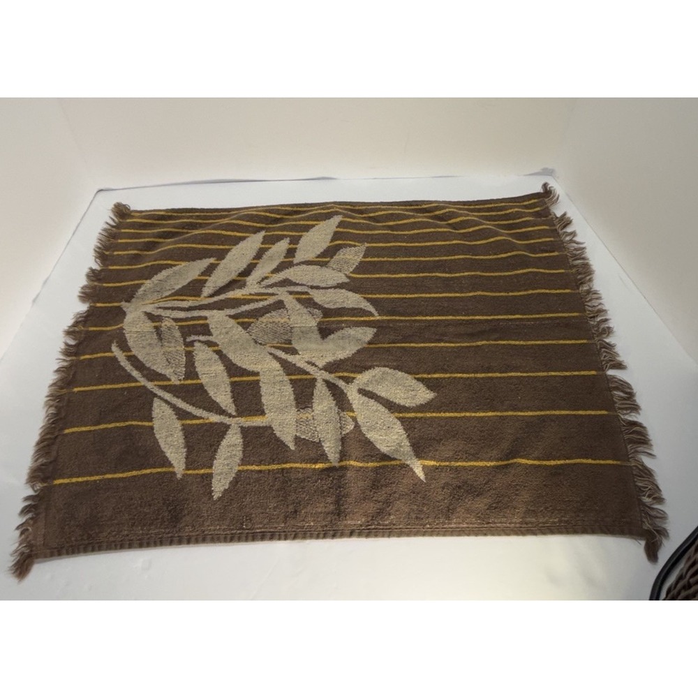 VTG Bath Hand Towel Steel Brown Leaf Stripe Fringe‎ Retro Cannon Monticello - Picture 3 of 4